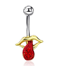 Load image into Gallery viewer, Lips and Tongue Belly Button Ring with Red CZ Tongue and Gold Lips - HWC LLC