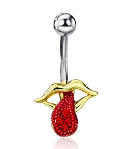 Lips and Tongue Belly Button Ring with Red CZ Tongue and Gold Lips - HWC LLC