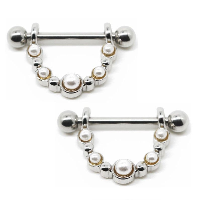 Faux white pearls barbell piercing nipple rings pair