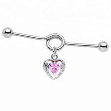Load image into Gallery viewer, Industrial Piercing Earrings with Barbell Pink Heart Dangle Design in Surgical Stainless Steel - HWC LLC