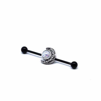 Black Industrial Piercing Earrings with Barbell Moon Cubic Zirconia Design in Surgical Stainless Steel