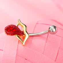 Load image into Gallery viewer, Lips and Tongue Belly Button Ring with Red CZ Tongue and Gold Lips - HWC LLC