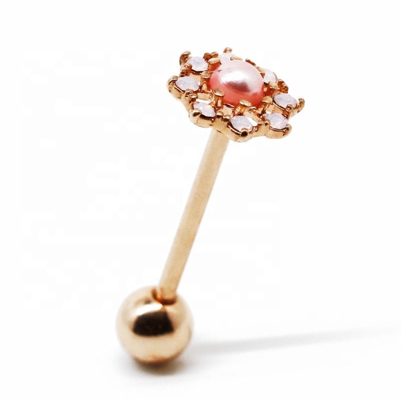 rose gold color tongue jewelry with pink imitation pearl
