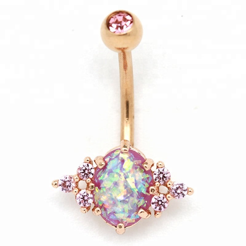 Navel piercing body jewelry rose gold with faux opal and CZ - HWC LLC