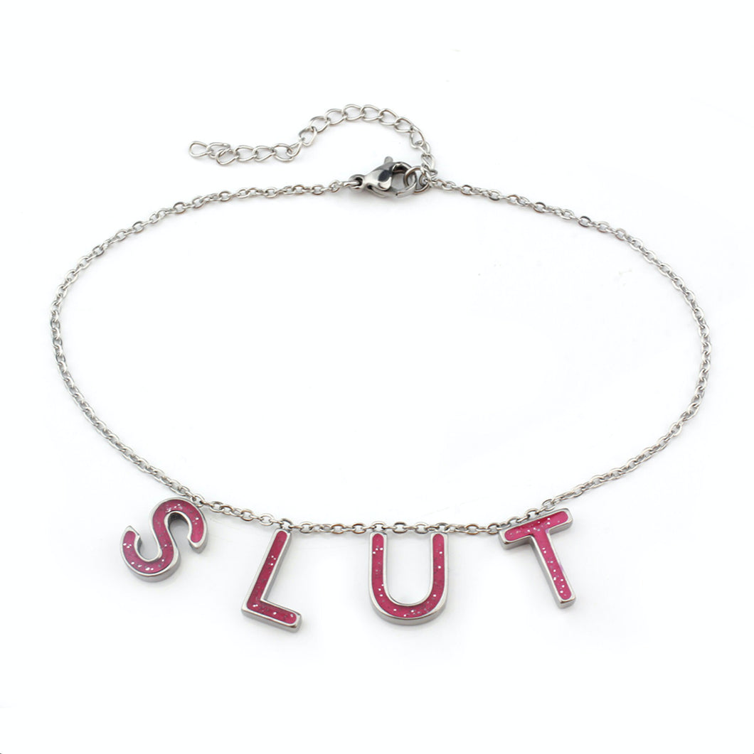 Slut Necklace or Anklet, Stainless Steel with Rose Enamel