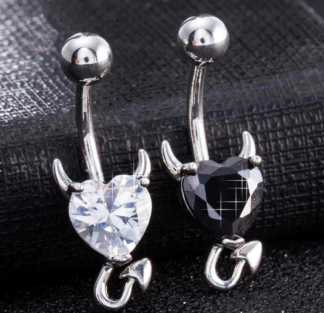 Little Devil Navel Belly Button Ring with Black or White CZ Heart